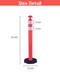 Real McCoy Heavy Duty Traffic Delineator Posts With Weighted Rubber Bases And Bright Reflective Strips For Parking Lot Safety Markers Road Construction Warning Stakes 42 Inch Tall six pack size detail showing height and base dimensions
