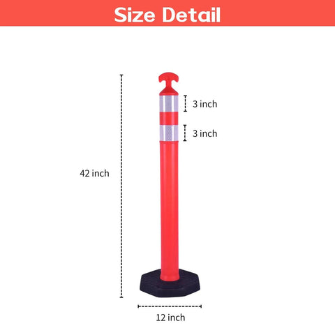 Real McCoy Heavy Duty Traffic Delineator Posts With Weighted Rubber Bases And Bright Reflective Strips For Parking Lot Safety Markers Road Construction Warning Stakes 42 Inch Tall six pack size detail showing height and base dimensions