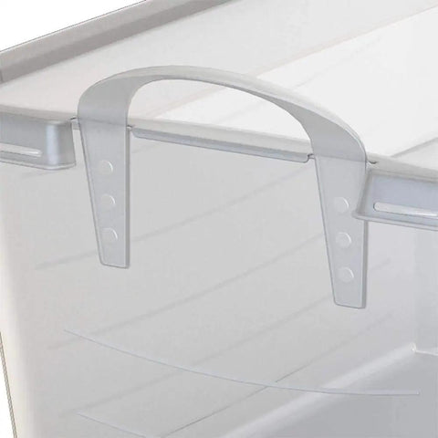 Heavy Duty Stackable Storage Bins Eighteen Pack White Plastic 55 Quart handle detail for easy lifting and organization.