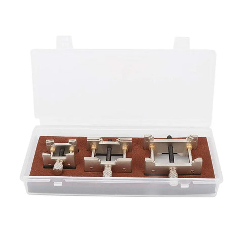 3 Piece Watch Repair Tool Set With Plastic Movement Holder in box, metal holders for adjusting and disassembling movements