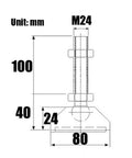 Top Notch Built Different Adjustable Furniture Leveling Feet With Bully Proof Nylon Cup Base Universal Threaded Rods For Cabinets Dryers Tables Self Leveling Mount dimensions diagram showing M24 size specs.