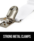 Close-up of metal clip on Patented Bed Sheet Holders With Adjustable Elastic Straps And Metal Clips That Stay Put And Keep Fitted Sheets Locked In Place Night After Night Heavy Duty 4 Pack White US Designed To Fit Any Mattress.