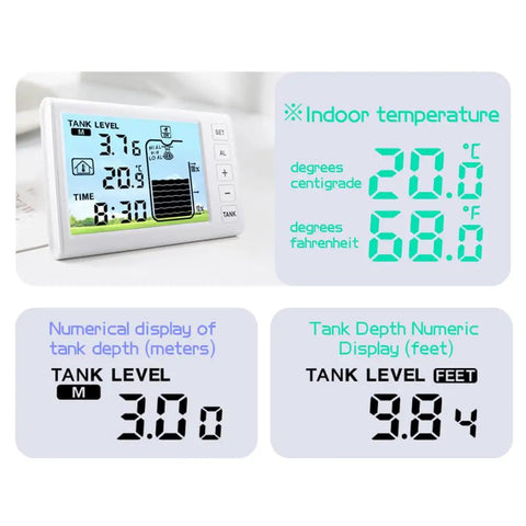 Wireless Ultrasonic Water Tank Level Gauge With Temperature Sensor And Time Display, Liquid Level Meter With LCD Bar Graph showing readings