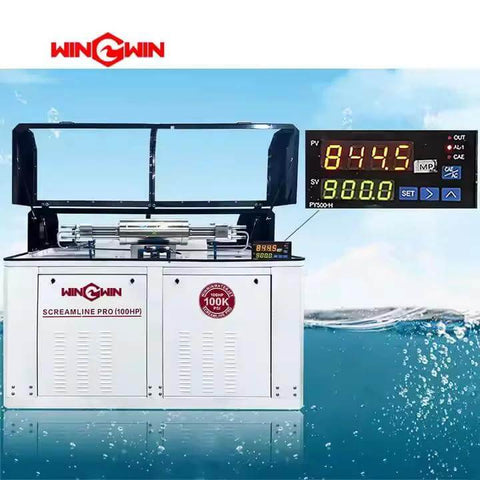 Water jet cutting machine with open lid, white cabinet, and digital control panel; WinGWin logo visible.