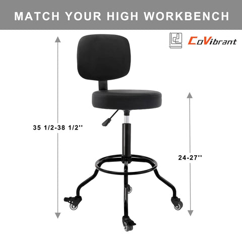 Built Tough Heavy Duty Shop Stool With Ergonomic Backrest And High Footrest 360 Degree Swivel Adjustable Height From 24 To 27 Inches Dual Locking Rubber Wheels