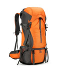 Orange and black 65 Plus 5L Hiking And Camping Backpack Water Resistant Built For Outdoor Climbing With Breathable Back Panel And Multiple Pockets