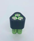 Pro Grade Spot Welder Stanchion Kit Featuring Heavy Duty Electrode Clamps Built Tough For 18650 Lithium Ion Battery Pack Assembly with 3 green batteries.