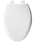 Commercial Heavy Duty Elongated Toilet Seat With White Cover And No Slam Seat Built Different For Busy Public Washrooms Featuring Grip Tight Bolts For Zero Drama Installation Made In Usa - top view, white plastic seat.