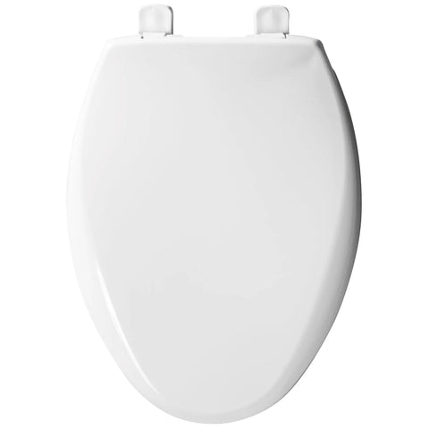 Commercial Heavy Duty Elongated Toilet Seat With White Cover And No Slam Seat Built Different For Busy Public Washrooms Featuring Grip Tight Bolts For Zero Drama Installation Made In Usa - top view, white plastic seat.