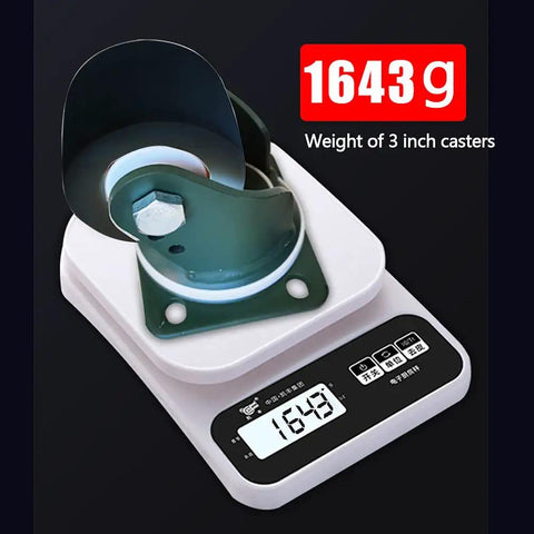 Top Rated Heavy Duty 3 Inch Polyamide Caster Wheels With Smooth Swivel Brakes And Double Ball Bearings Smooth As Butter Silent Floor Savers For Workbenches And Heavy Load Hauling 4 Pack weighing 1643 grams on a scale.