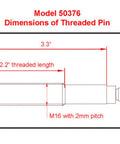 Diagram of M16 threaded hitch locking pin for 2 inch bike rack receivers, model 50376, showing 3.3 inch length, 2.2 inch threaded section.