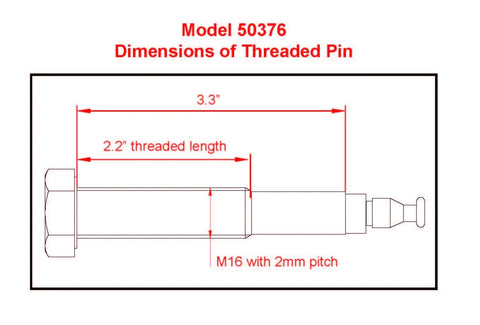 Diagram of M16 threaded hitch locking pin for 2 inch bike rack receivers, model 50376, showing 3.3 inch length, 2.2 inch threaded section.