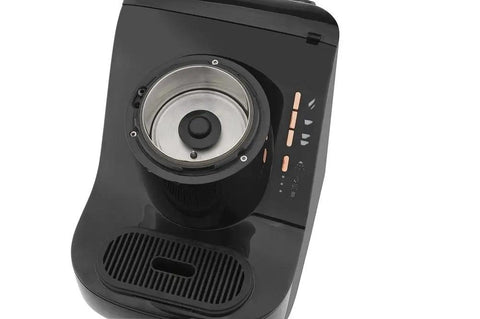 Top view of black and silver Automatic Turkish Coffee Maker With Self Clean One Touch Brew And Easy Pour Altitude Auto Detect Technology