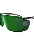 Kickass Laser Safety Glasses With OD4 Plus Protection For 180nm To 660nm Wavelengths side view with green lenses and black frame design.