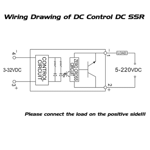 Wiring diagram of Solid State Relay SSR-25DD 25A DC To DC Control, showing input and output connections.