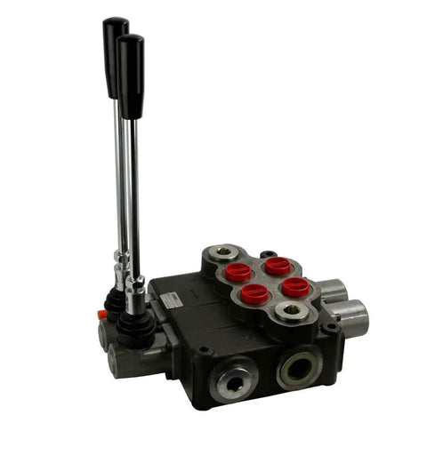 P120 Hydraulic Directional Valve With 2 Spool 4 Way 3 Position Spring Center Action 30 GPM At 3625 PSI SAE 12 16 Inlet Outlet Ports And SAE 12 Work Ports Built Tough Industrial Valve For Rugged Hydraulics showing levers and ports.