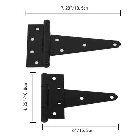 Wood Gate Hardware Set Heavy Duty 6 Inch Tee Hinge And Pull Kit with screws, black finish, detailed measurements, durable steel