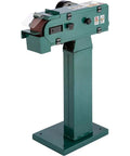 Hardbody 4X48 Inch Dual Wheel Metal Belt Grinder And Shop Sander Rigged To Crush Steel Tasks And Dial In Perfect Angles For Garage Crews In Glossy Black on a sturdy green stand.