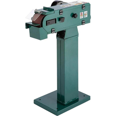 Hardbody 4X48 Inch Dual Wheel Metal Belt Grinder And Shop Sander Rigged To Crush Steel Tasks And Dial In Perfect Angles For Garage Crews In Glossy Black on a sturdy green stand.