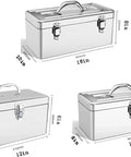 Three sizes of Sturdy Portable Stainless Steel Tool Box With Metal Latch, On-The-Go Storage Case For Tools shown with dimensions.