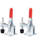 Two Pack Vertical Toggle Clamp Set With 50kg Holding Capacity, M5 Screw, 82mm Tall, Galvanized Iron Arrow Storage Case, Perfect For Woodworking, Welding, Drill Table Fixtures on white background
