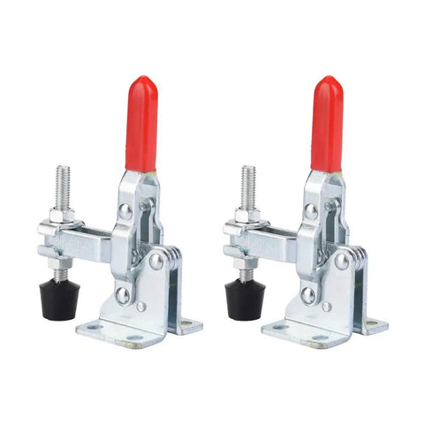 Two Pack Vertical Toggle Clamp Set With 50kg Holding Capacity, M5 Screw, 82mm Tall, Galvanized Iron Arrow Storage Case, Perfect For Woodworking, Welding, Drill Table Fixtures on white background