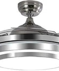 42 Inch Invisible Ceiling Fan With Retractable Blades And Chandelier Light Remote Control Three Color LEDs Reversible Motor Two In One Fan Light For Living Room And Dining Room Modern Chrome Finish Fandelier, close-up view