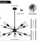 Dimensions of Sputnik Chandelier 10 Light Black Modern Pendant Lighting Industrial Vintage Ceiling Fixture UL Listed Adjustable Height