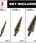 3pc cobalt step drill bits set includes #1, #4, and #9 bits with flat shank for stainless steel