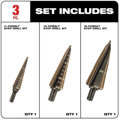 3pc cobalt step drill bits set includes #1, #4, and #9 bits with flat shank for stainless steel