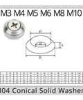 DIY Ready Stainless Steel Conical Gasket Washers Set M3 Through M10, Concave And Convex Tapered Flat Shim Cones, 304 Grade, Countersunk Head, Durable Hardware Spares, 2, 5, 10, 20 Pcs For Home DIY Maintenance. 304 conical solid washer sizes M3-M10 with dimensions chart
