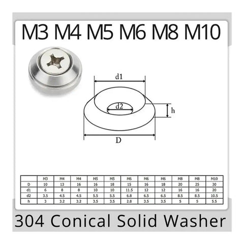 DIY Ready Stainless Steel Conical Gasket Washers Set M3 Through M10, Concave And Convex Tapered Flat Shim Cones, 304 Grade, Countersunk Head, Durable Hardware Spares, 2, 5, 10, 20 Pcs For Home DIY Maintenance. 304 conical solid washer sizes M3-M10 with dimensions chart
