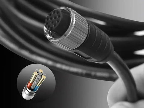 Close-up of M12 12 Pin A Code Connector Cable Male To Female IP67 Waterproof Industrial Extension Wire 30V 1.5A, showing cable structure.