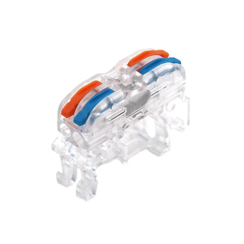 Snag This Compact DIN Rail Wire Connector Terminal Block For Tool Free Push In Spring Clamp Wiring On Solid Or Stranded Conductors Inside Your Industrial Control Panels With Flame Retardant Housing And 32A Rated Snazzy Tech For LED Lighting Setup transparent push-in terminal block with orange and blue levers, 32A