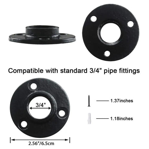 Top Shelf 3/4 Inch Black Malleable Iron Floor Flange 10 Pack showing threaded connection and dimensions for rustic furniture build.