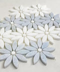 Daisy flower mosaic tile sheets (10 sheets) in celeste blue and white Thassos marble, waterjet-cut for walls and backsplash
