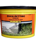 Quick Set Cement And Mortar Mix In A Ten Pound Pail for masonry repairs with bright yellow container and trowel.