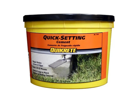 Quick Set Cement And Mortar Mix In A Ten Pound Pail for masonry repairs with bright yellow container and trowel.
