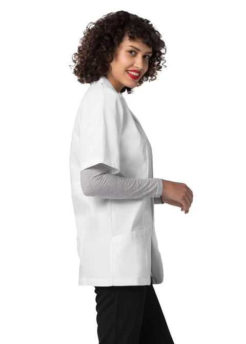 Unisex Short Sleeve Lab Coat, 31 Inch Length, White, Rugged Stitching, Back Midriff Detail, side view