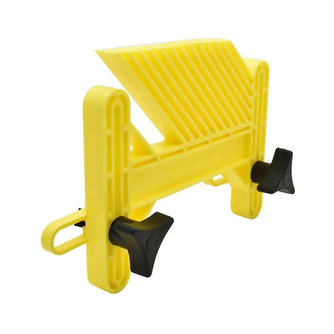 Rock Solid Miter Slot Featherboard Keeps Stock Pin Tight Against Tables Using Expanding Nuts And Locking Knobs For Dead Nut Alignment Bright Yellow Build Simplifies Setup For Clean Cuts Zero Slack Or Shake On Every Push angle view showing bright yellow plastic design and adjusting knobs