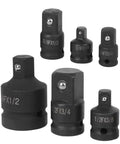 Premium 6 Pc Impact Socket Converter Reducer Adapter Kit With Bolt Hole Locking Design Fits 1/4 3/8 1/2 And 3/4 Inch Drive For Heavy Duty Auto Repair Jobs And Pneumatic Tool Use, chrome moly steel adapters