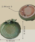 Green ceramic bird bath, 9.5 inch bowl, doubles as ground bird feeder, shown in detail with measurements indicated.