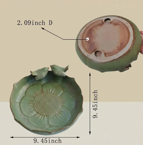 Green ceramic bird bath, 9.5 inch bowl, doubles as ground bird feeder, shown in detail with measurements indicated.