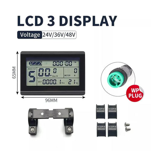 KT LCD3 Electric Bike Display Meter with Waterproof Plug for KT Controller showing dimensions and plug details.