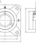 Technical drawing of heavy duty flange bearing 2 inch with dimensions and specifications.