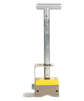 Heavy Duty Permanent Magnet Lifter With Rock Solid Grip And Quick Flip Lever For Sweat Free Metal Moving No Power Needed Portable Industrial Crane Magnet With Reinforced Shackle Hook, front view with yellow base.