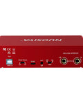Back view of Red USB Audio Interface For PC And Mac, Pro Grade Studio Sound 24 Bit 192 KHz with input and power ports visible
