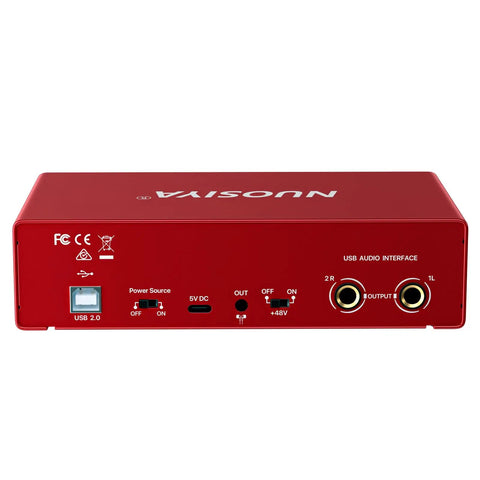 Back view of Red USB Audio Interface For PC And Mac, Pro Grade Studio Sound 24 Bit 192 KHz with input and power ports visible