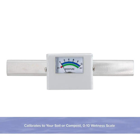 Front view of a 36 Inch Garden And Compost Moisture Meter with metal build, displaying 0-10 wetness scale for soil and compost measurement.
