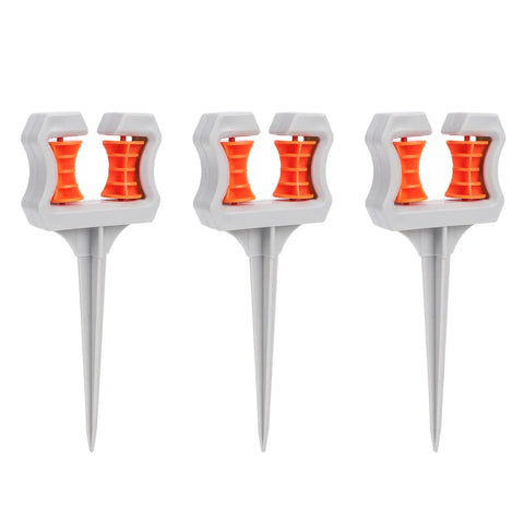 Three Pack Garden Hose Guide Spikes With Durable ABS Roller Guides for plant protection, shown in a frontal view.